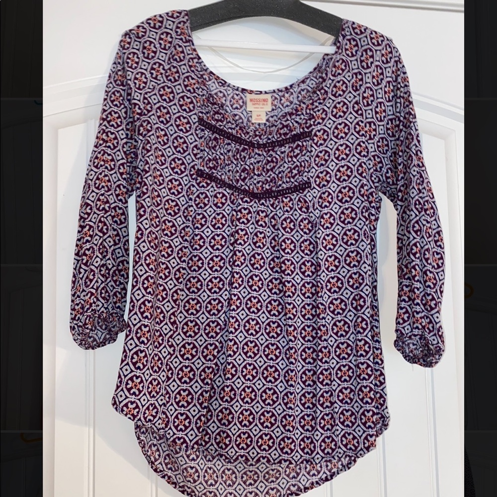 Purple patterned blouse with tassels size small